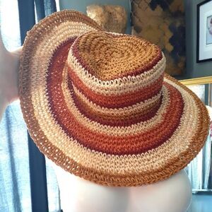 Zara Raffia Straw Striped Tan and Brown Floppy Sun Hat